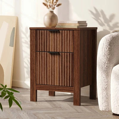 BT-TICK-1S1D-WN Oikiture Modern Bedside Table Nightstand Drawer Shelf Door Cabinet Walnut