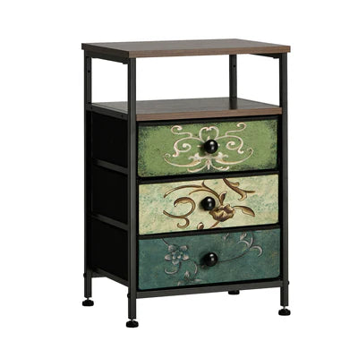 BT-TS-BOHEMI-3D-1PC Oikiture Bedside Table Fabric Nightstand 3 Drawers Retro End Table Shelf