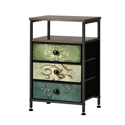 BT-TS-BOHEMI-3D-1PC Oikiture Bedside Table Fabric Nightstand 3 Drawers Retro End Table Shelf