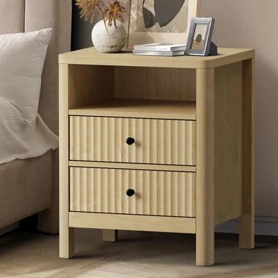 BT-WEST-1S2D-WD Oikiture Bedside Table 2 Drawers Open Shelf Natural