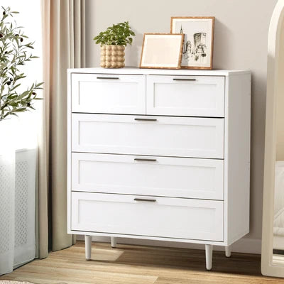 COD-EMMA-5D-WH-AB Oikiture 5 Chest of Drawers Dresser Chest Storage Cabinet Tallboy White