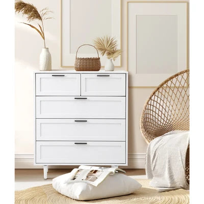 COD-EMMA-5D-WH-AB Oikiture 5 Chest of Drawers Dresser Chest Storage Cabinet Tallboy White