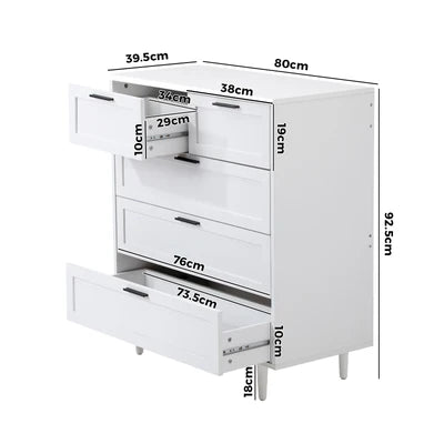 COD-EMMA-5D-WH-AB Oikiture 5 Chest of Drawers Dresser Chest Storage Cabinet Tallboy White