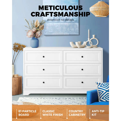 COD-HAMP-6D-WH-AB Oikiture 6 Chest of Drawers Tallboy Cabinet Dresser Storage Hamptons Furniture