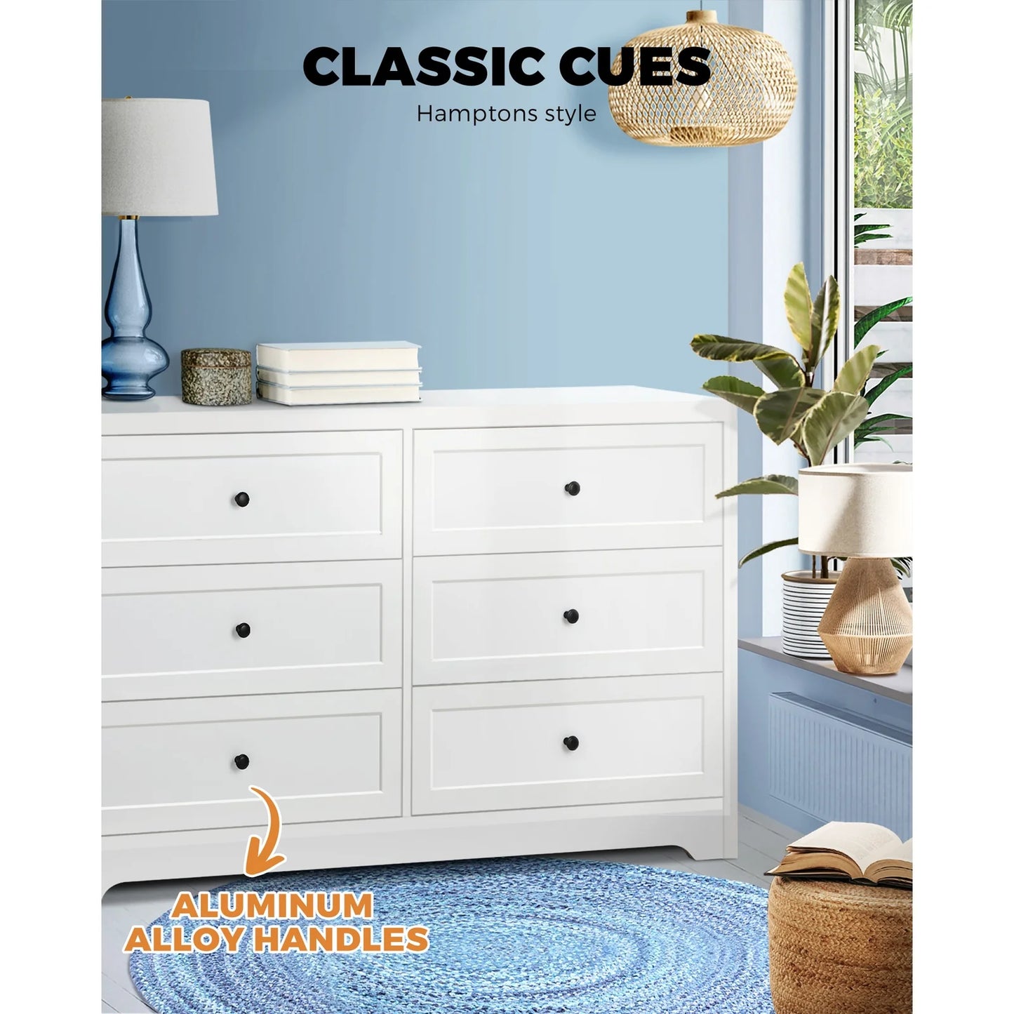 COD-HAMP-6D-WH-AB Oikiture 6 Chest of Drawers Tallboy Cabinet Dresser Storage Hamptons Furniture