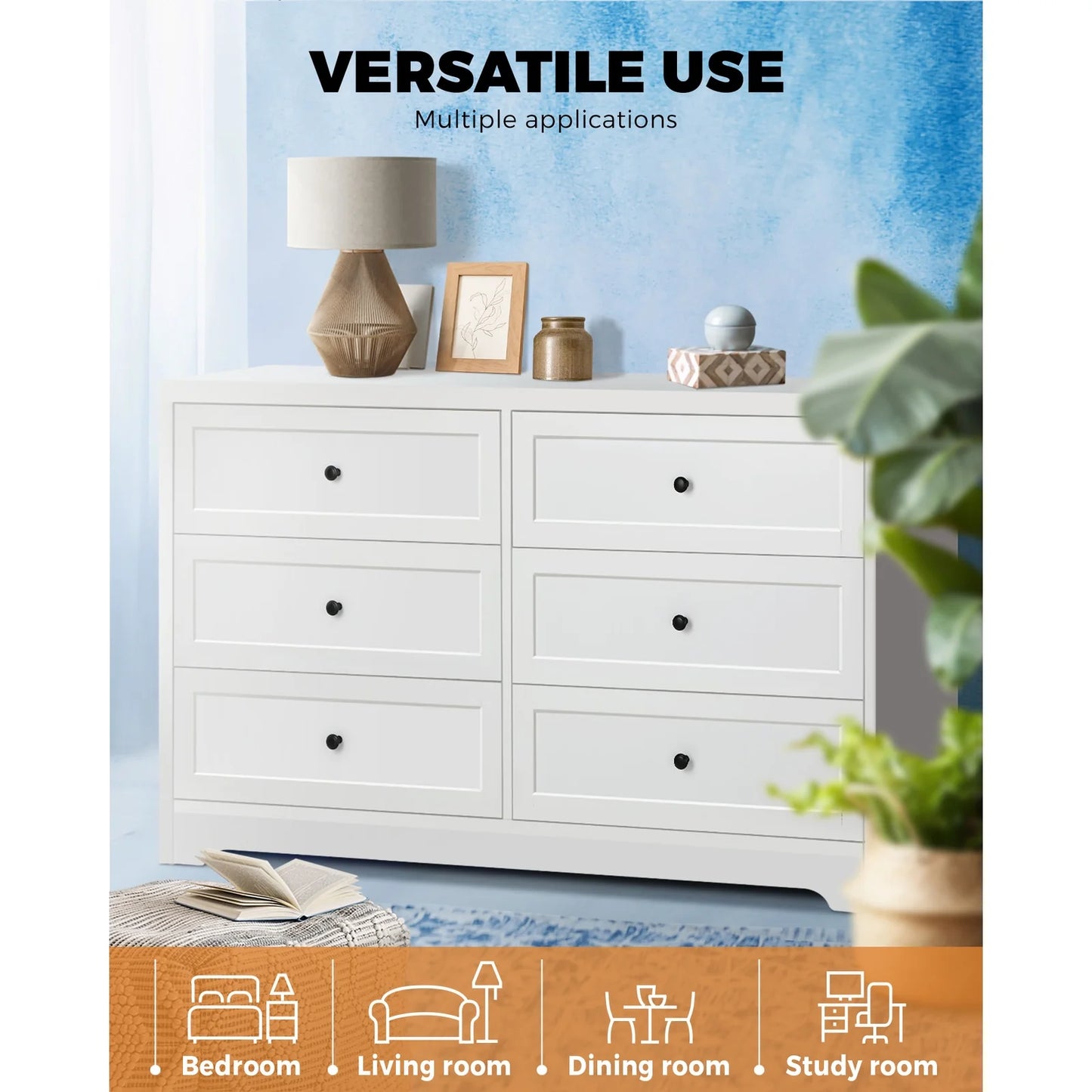 COD-HAMP-6D-WH-AB Oikiture 6 Chest of Drawers Tallboy Cabinet Dresser Storage Hamptons Furniture