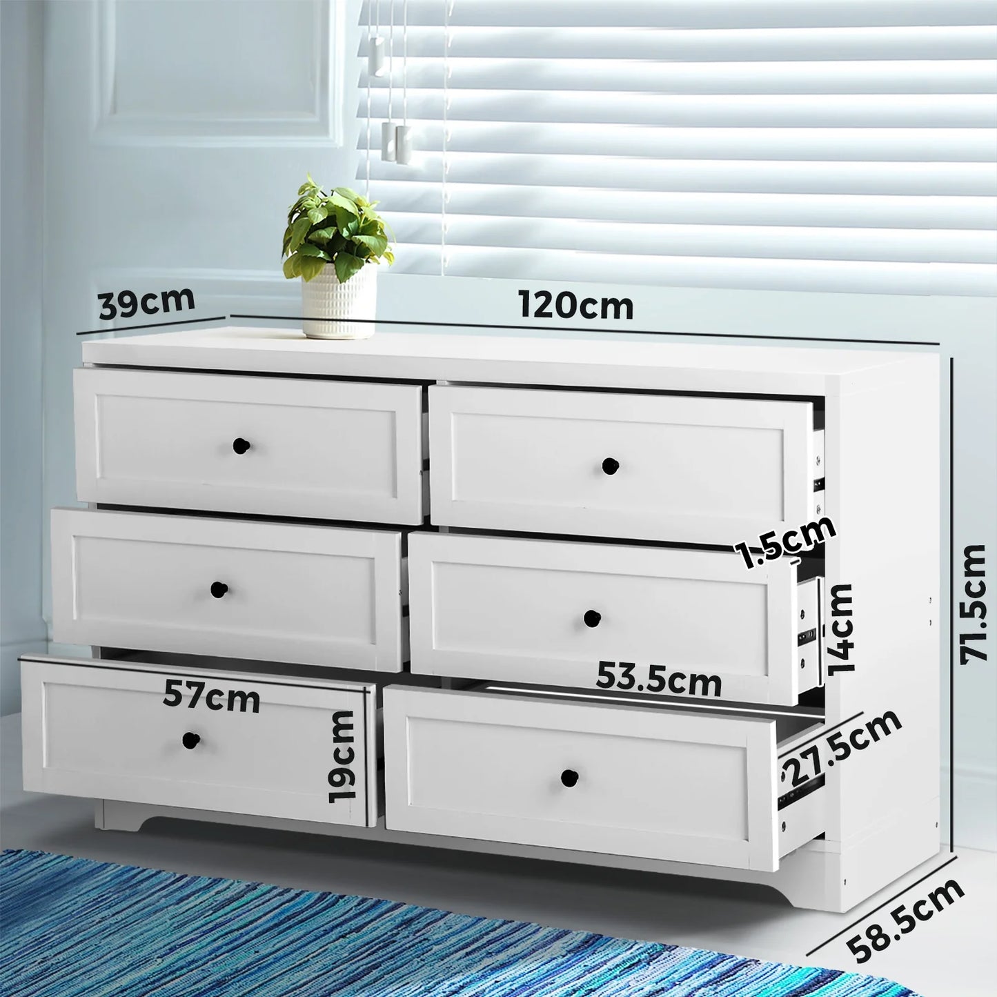 COD-HAMP-6D-WH-AB Oikiture 6 Chest of Drawers Tallboy Cabinet Dresser Storage Hamptons Furniture