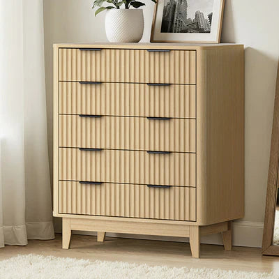 COD-HH-GLORY-5D-WD-AB Oikiture 5 Chest of Drawers Storage Cabinet Dressers Tallboy Stripe Natural