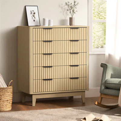 COD-HH-GLORY-5D-WD-AB Oikiture 5 Chest of Drawers Storage Cabinet Dressers Tallboy Stripe Natural