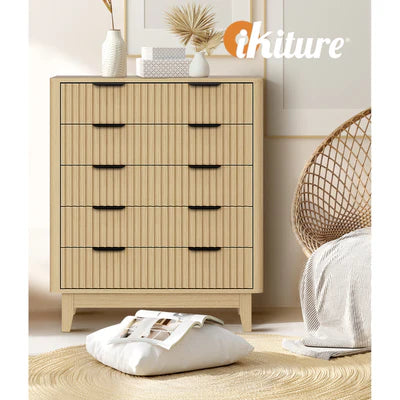 COD-HH-GLORY-5D-WD-AB Oikiture 5 Chest of Drawers Storage Cabinet Dressers Tallboy Stripe Natural