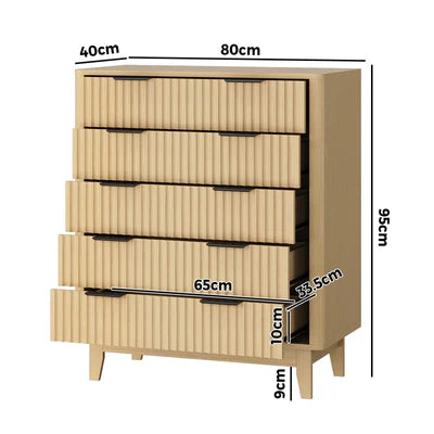 COD-HH-GLORY-5D-WD-AB Oikiture 5 Chest of Drawers Storage Cabinet Dressers Tallboy Stripe Natural