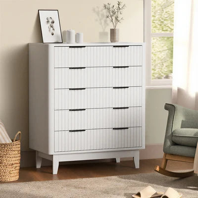 COD-HH-GLORY-5D-WH-AB Oikiture 5 Chest of Drawers Storage Cabinet Dressers Tallboy Stripe White