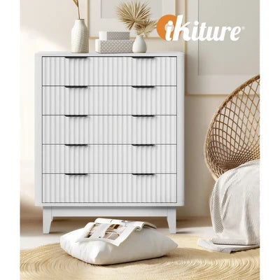 COD-HH-GLORY-5D-WH-AB Oikiture 5 Chest of Drawers Storage Cabinet Dressers Tallboy Stripe White