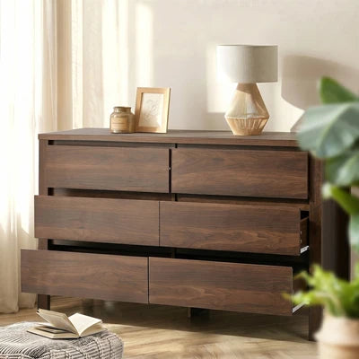COD-NAVI-6D-WN Oikiture 6 Chest Of Drawer Lowboy Dresser Storage Handle-Free Bedroom Walnut