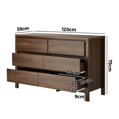 COD-NAVI-6D-WN Oikiture 6 Chest Of Drawer Lowboy Dresser Storage Handle-Free Bedroom Walnut