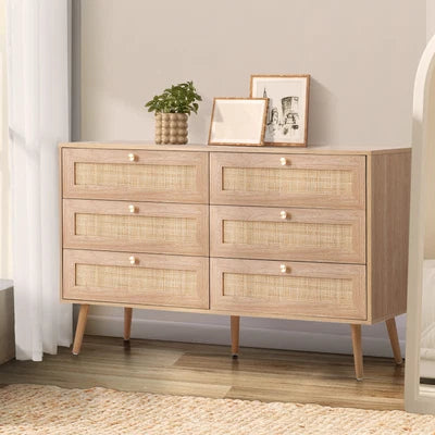 COD-OLIV-6D-WD-AB Oikiture 6 Chest of Drawers Dresser Chest Storage Cabinet Tallboy Rattan