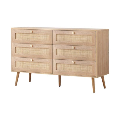 COD-OLIV-6D-WD-AB Oikiture 6 Chest of Drawers Dresser Chest Storage Cabinet Tallboy Rattan
