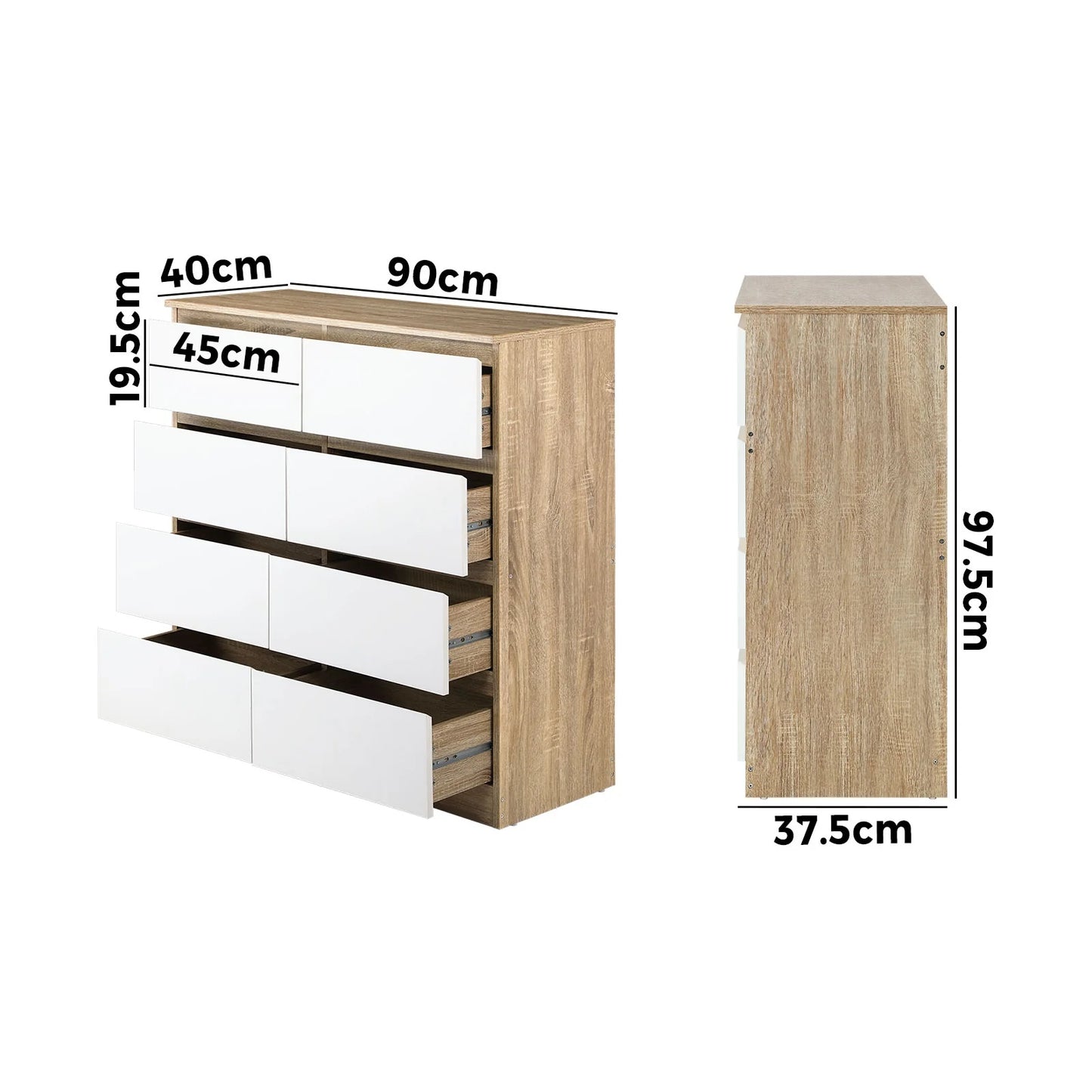 COD-PURI-8D-WHWD-AB Oikiture Chest of Drawers Tallboy Dresser Table Storage Cabinet Wooden White