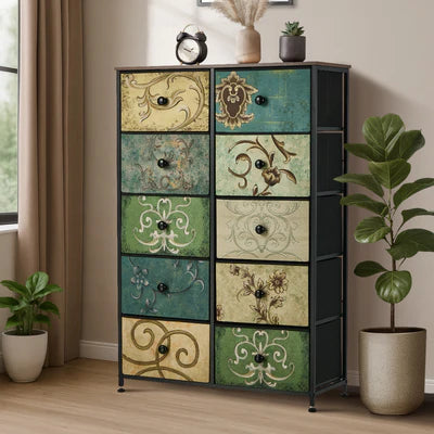COD-TS-BOHEMI-10D Oikiture 10 Chest of Drawers Fabric Storage Cabinet Tower Tallboy Retro Dresser