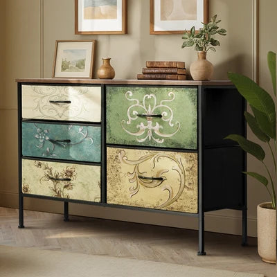 COD-TS-BOHEMI-5D Oikiture 5 Chest Of Drawers Fabric Storage Cabinet Retro Lowboy Organizer