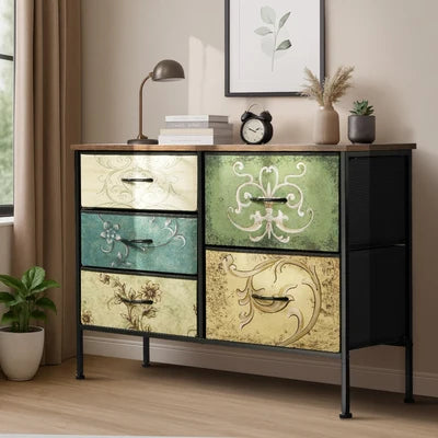 COD-TS-BOHEMI-5D Oikiture 5 Chest Of Drawers Fabric Storage Cabinet Retro Lowboy Organizer