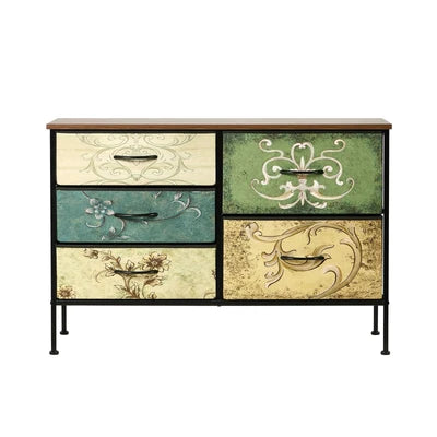 COD-TS-BOHEMI-5D Oikiture 5 Chest Of Drawers Fabric Storage Cabinet Retro Lowboy Organizer