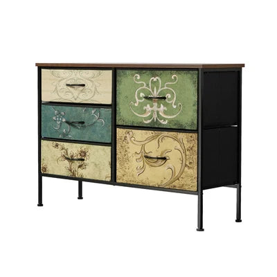 COD-TS-BOHEMI-5D Oikiture 5 Chest Of Drawers Fabric Storage Cabinet Retro Lowboy Organizer