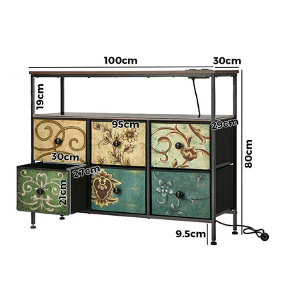 COD-TS-BOHEMI-SOCKET-6D Oikiture 6 Chest of Drawers Fabric Retro Dresser Lowboy Shelf Charging Station