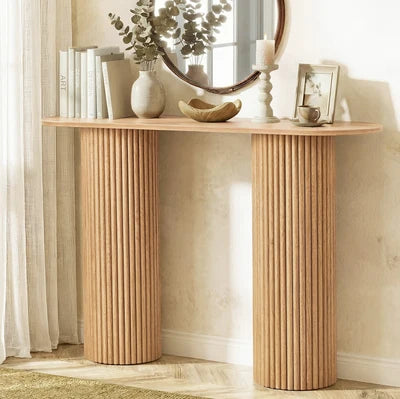 CST-JEN-WD Oikiture Console Table Oval Hallway Desk Modern Entryway Table Natural