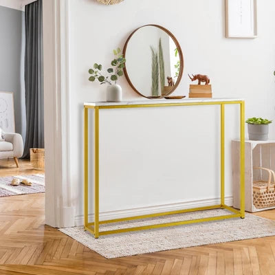 CST-VJ-LONI-GDWH Oikiture Console Table Marble-look Iron Hallway Desk Entry Display Gold&White