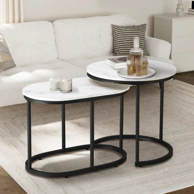 CTB-2SET-6050-WHBK Oikiture Set of 2 Coffee Table Round Oval Marble-like Nesting Side Tables Black