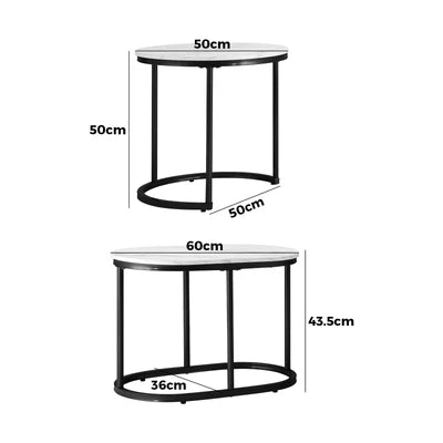 CTB-2SET-6050-WHBK Oikiture Set of 2 Coffee Table Round Oval Marble-like Nesting Side Tables Black