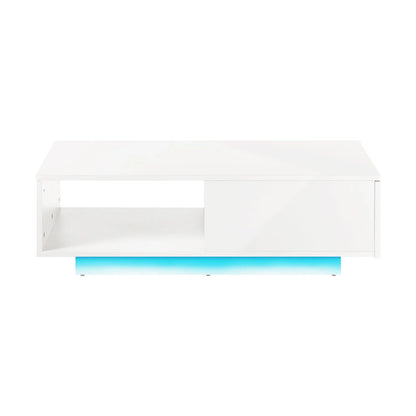 CTB-B15-DELI-WH Oikiture Coffee Table LED High Gloss Storage Drawer White