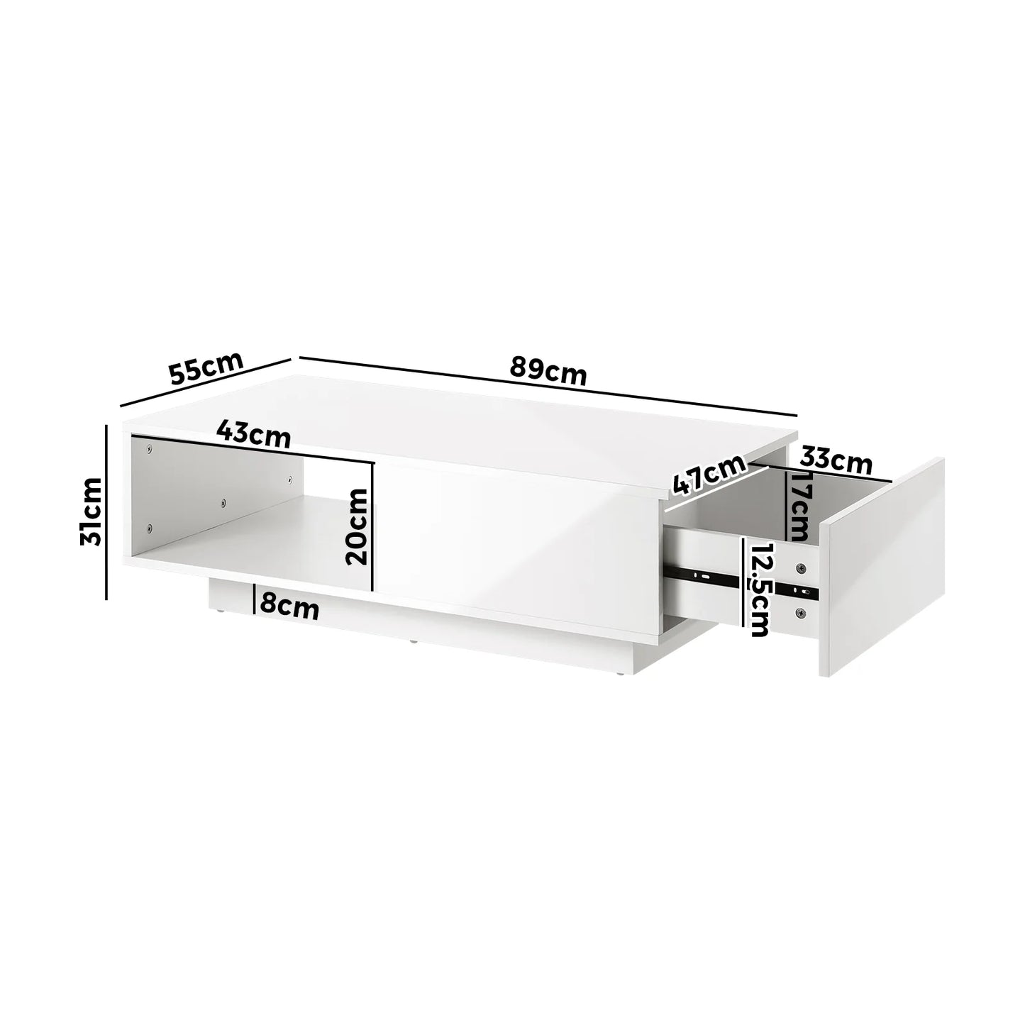 CTB-B15-DELI-WH Oikiture Coffee Table LED High Gloss Storage Drawer White