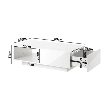 CTB-B15-DELI-WH Oikiture Coffee Table LED High Gloss Storage Drawer White