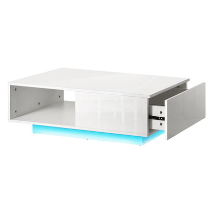CTB-B15-DELI-WH Oikiture Coffee Table LED High Gloss Storage Drawer White
