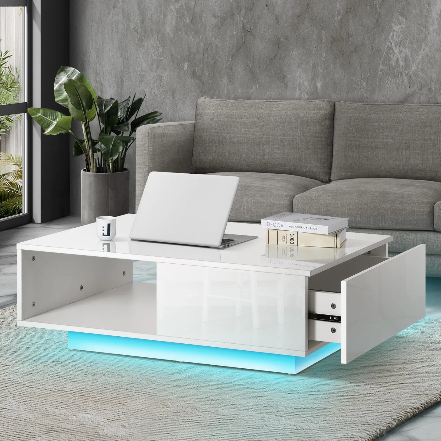 CTB-B15-DELI-WH Oikiture Coffee Table LED High Gloss Storage Drawer White