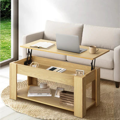 CTB-LIFUP-WD Oikiture Coffee Table with Lift Up Top Storage Space Wooden Beige