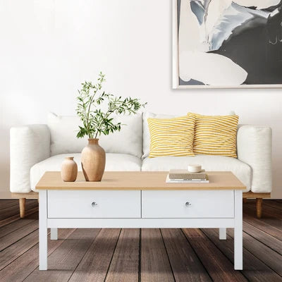 CTB-MF-ANNY-WDWH Oikiture Coffee Table Storage Drawers Side Tables Sofa Cafe Desk Natural White