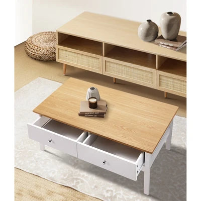 CTB-MF-ANNY-WDWH Oikiture Coffee Table Storage Drawers Side Tables Sofa Cafe Desk Natural White