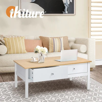 CTB-MF-ANNY-WDWH Oikiture Coffee Table Storage Drawers Side Tables Sofa Cafe Desk Natural White