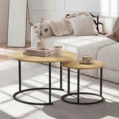 CTB-S2-6040-WDBK Oikiture Set of 2 Nesting Coffee Table Round Side End Tables Natural and black