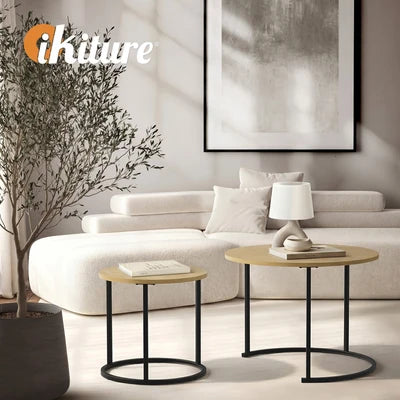 CTB-S2-6040-WDBK Oikiture Set of 2 Nesting Coffee Table Round Side End Tables Natural and black