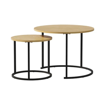 CTB-S2-6040-WDBK Oikiture Set of 2 Nesting Coffee Table Round Side End Tables Natural and black