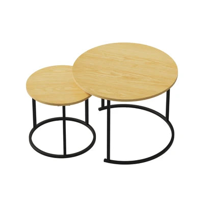 CTB-S2-6040-WDBK Oikiture Set of 2 Nesting Coffee Table Round Side End Tables Natural and black