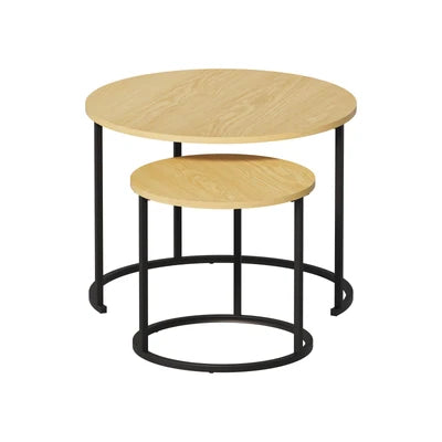 CTB-S2-6040-WDBK Oikiture Set of 2 Nesting Coffee Table Round Side End Tables Natural and black