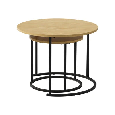 CTB-S2-6040-WDBK Oikiture Set of 2 Nesting Coffee Table Round Side End Tables Natural and black