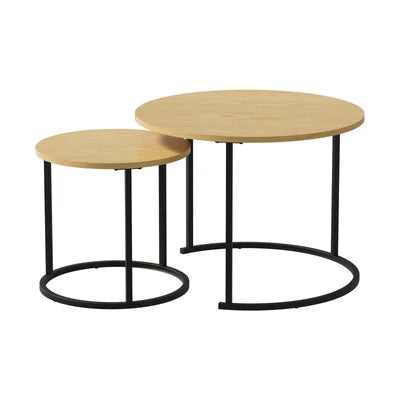 CTB-S2-6040-WDBK Oikiture Set of 2 Nesting Coffee Table Round Side End Tables Natural and black