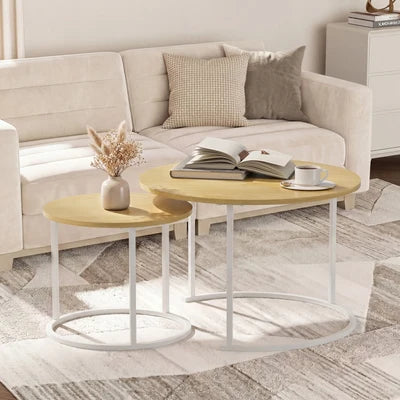 CTB-S2-6040-WDWH Oikiture Set of 2 Nesting Coffee Table Round Side End Tables Natural and White
