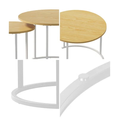 CTB-S2-6040-WDWH Oikiture Set of 2 Nesting Coffee Table Round Side End Tables Natural and White